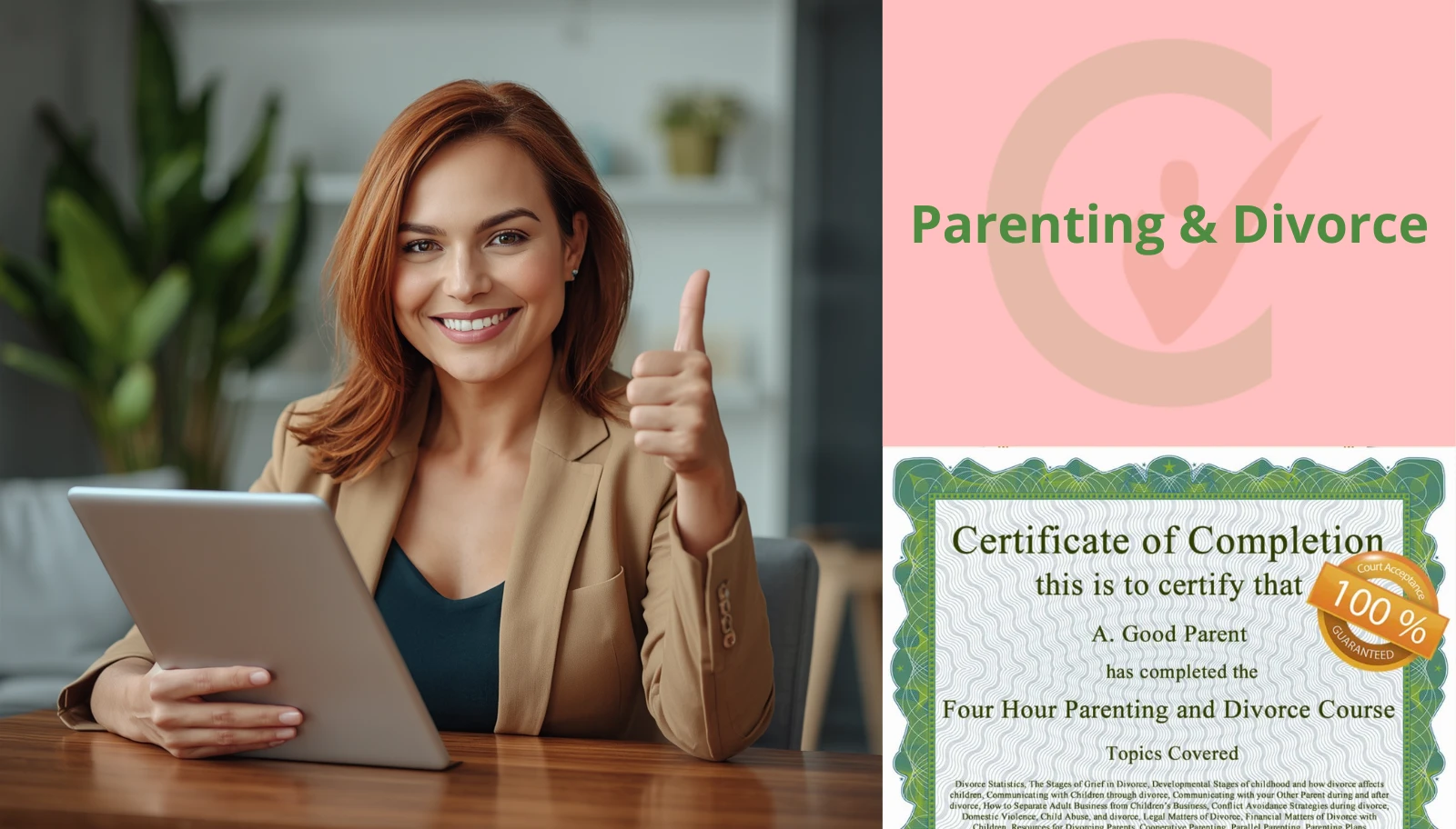 Smiling woman giving thumbs up while completing Certevia online parenting and divorce class on tablet, with certificate of completion
